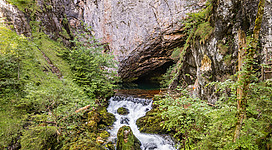 Ein ruhiger Bach fließt durch eine grüne, bewaldete Schlucht. Felswände und ein großer Felsüberhang umgeben die Szenerie.