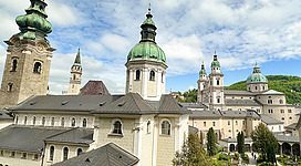 Eine beeindruckende Klosteranlage mit vielen Türmen und grünen Dächern. Der Himmel ist teilweise bewölkt und es sind verschiedenen Pflanzen im Vordergrund zu sehen.