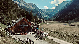 Eine malerische Berghütte umgeben von hohen Bergen und dichten Wäldern. Im Vordergrund verläuft ein schmaler Weg durch eine grüne Wiese.