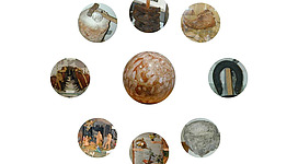 Eine Collage aus verschiedenen Objekten, darunter eine große Kugel und mehrere kleinere Bilder von historischen Artefakten. Die Objekte scheinen aus unterschiedlichen Materialien und Stilen zu bestehen.
