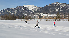 Wolfgangsee Langlaufloipen in St. Wolfgang im Salzkammergut: Das Bild zeigt eine verschneite Landschaft mit einem zugefrorenen See. Mehrere Personen sind beim Skilanglaufen zu sehen, umgeben von schneebedeckten Bergen im Hintergrund.