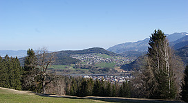 Hamlet Stutz in Frastanz (Vorarlberg, Austria). View to Frastanz and Göfis.