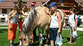 Eine Gruppe Kinder umgibt ein kleines Pferd auf einer grünen Wiese. Im Hintergrund ist ein charmantes Gebäude mit einem Dachgarten zu sehen.
