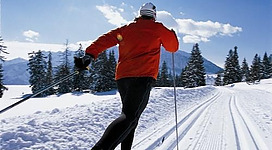 Ein Langläufer in einem roten Anzug gleitet durch eine schneebedeckte Winterlandschaft. Der Himmel ist klar und die Sonne strahlt hell.