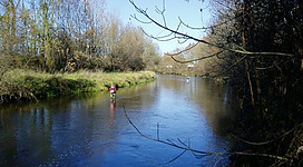 Fliegenfischen Mühlheimer Ache in Altheim: Ein idyllisches Gewässer, umgeben von bewaldeten Ufern und Büschen. Ein Mensch im roten Outfit ist auf dem Wasser zu sehen. Die Oberfläche des Wassers spiegelt die umgebende Natur wider.