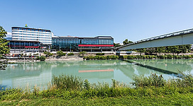 Congress Center on Europaplatz #1 and footbridge across the Drava, statutary city of Villach, Carinthia, Austria, EU