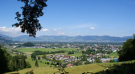 View from the Schwefelberg in Hohenems (Vorarlberg, Austria) to Altach in the Alpine Rhine Valley