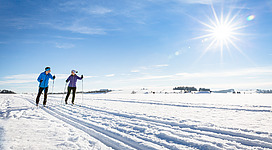 Haibacher Langlaufloipe in Haibach ob der Donau: Zwei Personen, eine Frau und ein Mann, sind auf Skiern unterwegs durch eine weite, schneebedeckte Landschaft. Über ihnen erstrahlt die Sonne am hellblauen Himmel. Die Umgebung erscheint friedlich und ruhig, mit vereinzelten Gebäuden am Horizont.