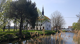Schloss Wildenau in Aspach: Ein traditionelles Gebäude mit Kirchturm umgeben von Bäumen und einem See. Vor dem Gebäude sind Wiesen mit hohen Schilfpflanzen. Die Umgebung wirkt idyllisch und friedlich.