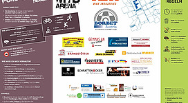 Pumptrack Maria Schmolln in Maria Schmolln: Das Bild zeigt verschiedene Logos und Grafiken, die auf einen Fahrradpark, Fahrradanlagen und Sport- und Freizeitaktivitäten in einer Region hinweisen. Es sind Piktogramme, Schriftzüge und Symbole für Radfahren, Laufen, Skaten und andere Aktivitäten zu sehen. Außerdem sind Firmennamen und Logos von Unternehmen aus der Fahrrad- und Sportbranche abgebildet.