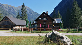 Ein rustikales Holzhaus inmitten einer grünen Wiese, umgeben von hohen Bergen. Im Vordergrund steht ein großer Stein und die Aussicht ist klar und sonnig.