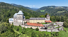 Southeast view of Deutschlandsberg Castle in Austria. Since 1932 the fortress has been owned by the municipality of Deutschlandsberg, and step by step it has been transformed into a significant exhibition center.