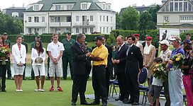 The winner Jeev Milkha Singh being asked about his play at the award ceremony 2008 Bank Austria GolfOpen presented by Telekom Austria (European Tour) at Golfclub Fontana.