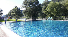 Freibad an der Donau Engelhartszell in Engelhartszell: Ein großer, blauer Swimmingpool mit klarem Wasser umgeben von üppigen Bäumen und Grün. Sonnenschirme und Liegestühle am Beckenrand deuten darauf hin, dass es sich um eine Freizeiteinrichtung handelt.