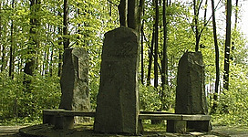 Bauernkriegsdenkmal in Alkoven: Massive steinerne Monumente erheben sich inmitten eines dichten, grünen Waldes. Die Stelen sind von Moos und Flechten bedeckt, was auf ihr hohes Alter hindeutet. Umgeben sind sie von einem verwitterten Steinkreis, der einen interessanten visuellen Kontrast zu der üppigen, natürlichen Umgebung bildet.