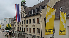 City hall in Bregenz (Vorarlberg, Austria). Flag hoisting on the occasion of the Bregenzer Festspiele
