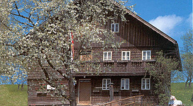 Stelzhamerhaus in Pramet: Ein malerisches Holzhaus mit Türmchen und Balkon, umgeben von blühenden Obstbäumen vor einer bergigen Landschaft. Das Haus wirkt idyllisch und gemütlich in seiner natürlichen Umgebung.