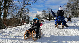 Regionsmaskottchen Perla rodelt mit Kindern auf der alten Großalmstraße in Steinbach am Attersee