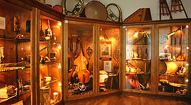 Musikinstrumenten Museum der Völker in St. Gilgen: Das Bild zeigt eine Sammlung verschiedener antiker und traditioneller Musikinstrumente, die in einem holzgetäfelten Raum ausgestellt sind. Die Instrumente sind sorgfältig in beleuchteten Regalen angeordnet und umfassen Violinen, Trompeten, Rasseln und andere historische Musikstücke, die ein Gefühl von Kultur und Nostalgie vermitteln.