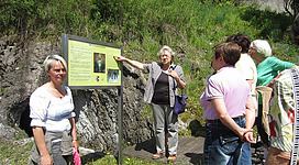 Eine Gruppe von Menschen steht vor einem Informationsschild in der Natur. Die Szene zeigt eine Führung, die sich mit der Umgebung beschäftigt.