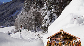 Eine winterliche Landschaft mit verschneiten Bäumen und einem klaren Himmel. Im Vordergrund steht eine Krippe mit Figuren.