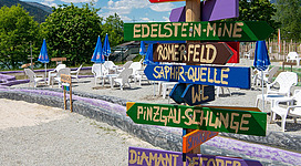 Ein bunter Wegweiser zeigt verschiedene Attraktionen in der Nähe des Gratensees. Im Hintergrund sind Liegestühle und Sonnenschirme zu sehen.