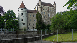 Schloss Schwertberg in Schwertberg: Ein historisches Schloss oder eine Burg mit mehreren Türmen und Erkern. Das Gebäude ist von üppiger Vegetation umgeben und steht auf einem hügeligen Gelände. Die Architektur weist auf eine traditionelle Bauweise aus vergangenen Jahrhunderten hin. Zaunelemente aus Metall rahmen den Vorgarten des Schlosses ein.