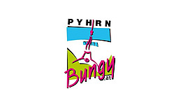 Ein buntes Logo von "Bungy.at" mit einem dynamischen Design. Es zeigt eine Figur, die an einem Bungee-Seil hängt, und ist von verschiedenen Farben umgeben.