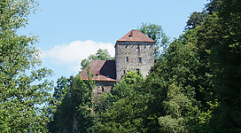 Burg Krämpelstein in Esternberg: Ein historisches Gebäude aus Stein umgeben von grünen Bäumen und Sträuchern auf einem Hügel. Die Architektur des Gebäudes weist auf eine alte Burg oder ein Schloss hin, mit charakteristischen Dachtürmen und Ziegeldächern. Die Umgebung vermittelt eine idyllische, waldreiche Landschaft.