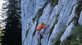 Ein Kletterer steigt eine steile Felswand hinauf. Im Hintergrund sind Bäume und eine klare Felsoberfläche zu sehen.