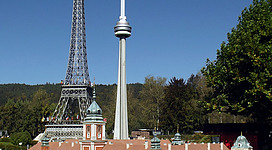 Eifel Tower in Paris miniature and CN Tower (553 m total) in Toronto, Canada