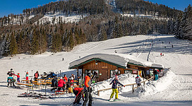Ein verschneites Skigebiet mit vielen Skifahrern und einem gemütlichen Hüttenhaus. Im Hintergrund erheben sich die bewaldeten Hügel unter einem klaren blauen Himmel.