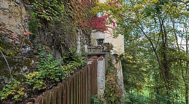 Northeastern corner tower of castle Hallegg on Hallegger Strasse #131 in the 14th district “Wölfnitz”, municipality Klagenfurt on the Lake Woerth, Carinthia, Austria, EU