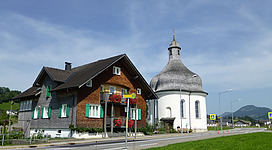 House and baroque chapel at Lingenau, Bregenzer Wald, Vorarlberg.