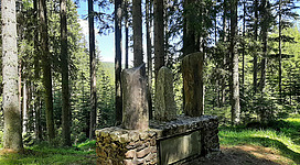 Eine kleine Steinformation in einem Waldgebiet, umgeben von hohen Bäumen. Die Steine sind auf einem Steinsockel angeordnet und die Umgebung ist grün.