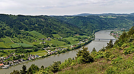 Panoramablick Marsbach in Hofkirchen im Mühlkreis: Eine malerische Landschaft mit sanft geschwungenen Hügeln, dicht bewaldeten Bergrücken und einem ruhigen Fluss, der sich durch das Tal windet. Kleine Siedlungen und Gebäude sind entlang des Flusses zu sehen, eingebettet in die grüne, üppige Umgebung.