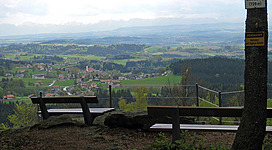 Ameisberg in Kopfing im Innkreis: Eine weitläufige Landschaft mit Bergen und Wäldern in der Ferne. Im Vordergrund befinden sich mehrere Bänke und Sitzmöglichkeiten, offenbar an einem Aussichtspunkt oder Wanderweg. Ein Schild weist auf den Ort Ametsberg hin. Die Szenerie vermittelt einen ruhigen, malerischen Eindruck inmitten der Natur.