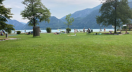 Freizeitgelände und Naturbadeplatz Unterach in Unterach am Attersee: Das Bild zeigt eine idyllische Grünfläche mit hohen Bäumen, die von einem See umgeben ist. Auf der Wiese befinden sich mehrere Menschen, die es sich gemütlich gemacht haben. Im Hintergrund sind bewaldete Berge zu sehen, die eine malerische Kulisse bilden.
