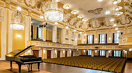 Ein eleganter Konzertsaal mit einem schwarzen Klavier auf der Bühne. Die sitzenden Reihen und der aufwendige Deckenstil verleihen dem Raum eine festliche Atmosphäre.