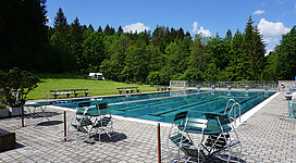 Solarfreibad Esternberg in Esternberg: Eine große, rechteckige Schwimmfläche mit klarem, blauem Wasser umgeben von leeren Liegestühlen und umrahmt von einer grünen, bewaldeten Umgebung. Eine Poolumrandung aus Stein und ein Metallzaun grenzen den Bereich rund um das Becken ab.