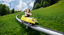 Ein fröhliches Mädchen fährt auf einer gelben Sommerrodelbahn durch eine grüne Wiese. Im Hintergrund sind Bäume und ein blauer Himmel zu sehen.