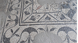 Römermosaike in Weyregg am Attersee: Das Bild zeigt ein aufwendiges Mosaik-Muster mit verschiedenen geometrischen Formen und Mustern. Es sind verschiedene Kreise, Dreiecke und andere abstrakte Elemente in Grautönen zu sehen, die ein komplexes und künstlerisches Design ergeben.