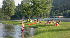 Ranna-Badesee in Neustift im Mühlkreis: Eine Szene an einem See mit vielen Menschen, die dort baden, zelten und sich erholen. Die Umgebung ist sehr grün und waldreich. Es sind Personen verschiedenen Alters und Geschlechts zu sehen, die im Wasser, auf Picknickdecken und in Zelten entspannen.