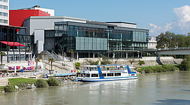 Passenger ship "Landskron" in front of the Congress Center on Europaplatz #1, statutary city Villach, Carinthia, Austria, EU