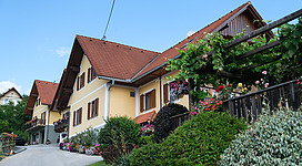 Ein charmantes Haus mit einem roten Dach und bunten Blumen im Garten. Der Weg führt sanft hinauf zur Haustür.