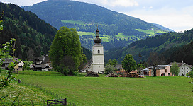 Parisch Church St.Nicolas, community Afritz am See, Carinthia, Austria, west view to Buchholz on the west side of the mountain range Gerlitze.