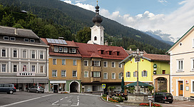 Greifenburg, the Drautalstrasse from hotel Rossman with church (katholische Pfarrkirche Sankt Katharina)