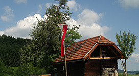 Bruckbacher Hoarstub'n in Weyregg am Attersee: Das Bild zeigt eine rustikale Holzhütte mit einem roten Fahnenmasten auf einem Hügel inmitten einer grünen Landschaft. Der Holzbau hat ein charakteristisches Satteldach und ist von hohen Bäumen umgeben, die eine idyllische und malerische Umgebung schaffen.