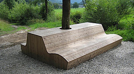 Eine moderne Holzbank mit einer Baumdurchführung inmitten einer grünen Landschaft. Die Bank bietet Platz für mehrere Personen und fügt sich harmonisch in die Natur ein.