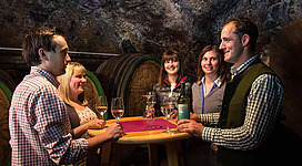 Eine Gruppe von fünf Personen sitzt an einem Tisch und genießt Wein in einem Weinkeller. Im Hintergrund sind Holzfässer zu sehen, die eine gemütliche Atmosphäre schaffen.